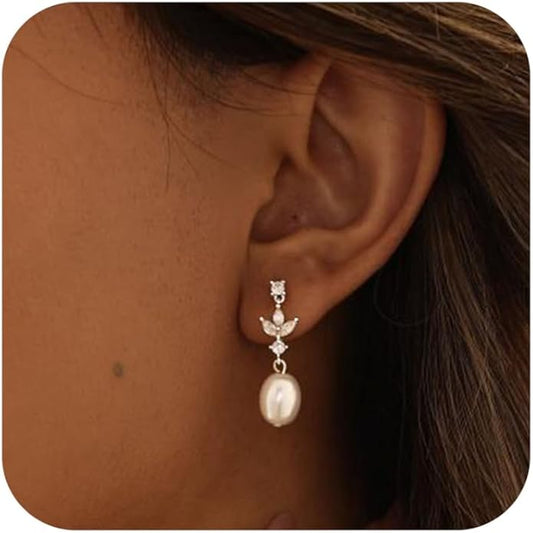 Pearl Earrings for Women - Dainty Gold Dangle Drop Earrings, 14k Gold Plated Cute Bow Design, Hypoallergenic Pearl Studs, Wedding Jewelry Gifts