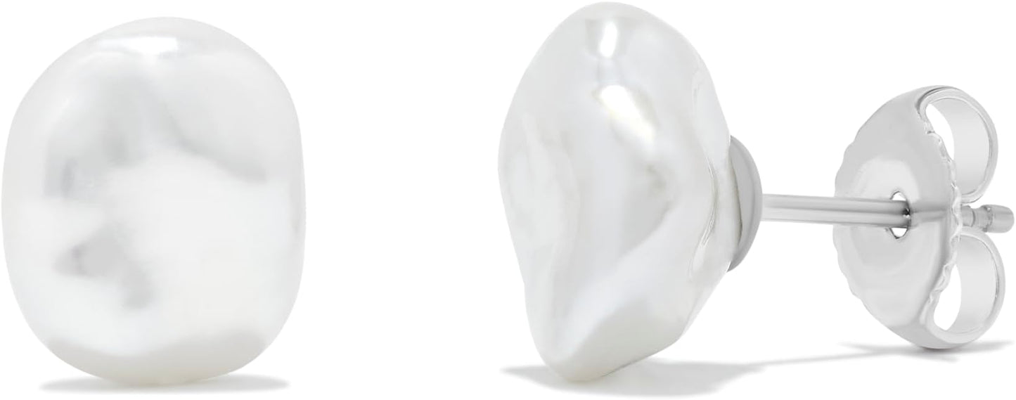 .925 Sterling Silver Freshwater White Keshi Cultured Pearl Earrings