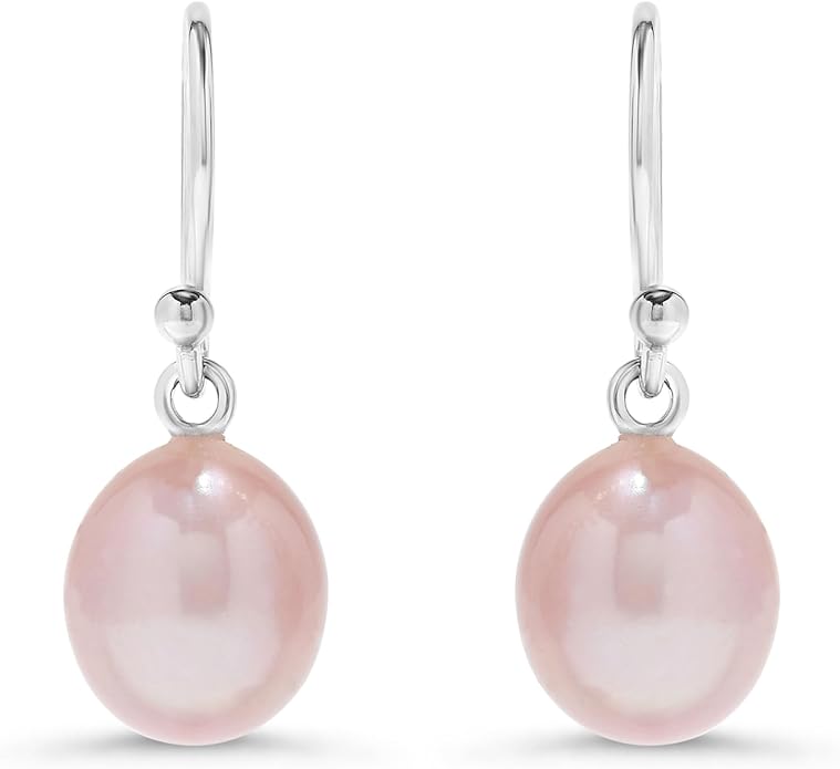 .925 Sterling Silver AAA Natural Pink Teardrop Shaped Freshwater Cultured Pearl French Wire Dangling Drop Earrings