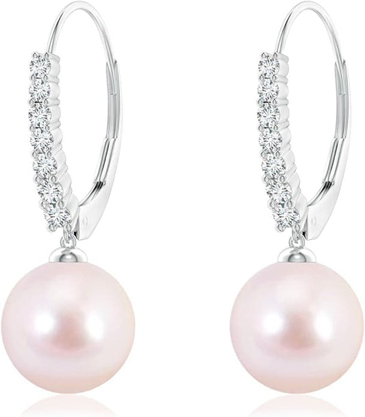 ANGARA Akoya Pearl Earrings for Women | Round Akoya Cultured Pearl Diamond Dangle Earrings in 14K Solid Gold | June Birthday, Anniversary, Gemstone Jewellery Gift