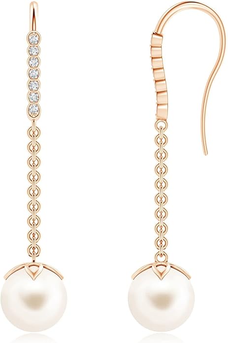 ANGARA Freshwater Pearl Earrings for Women | Round Freshwater Cultured Pearl Diamond Drop Earrings in 14K Solid Gold/Platinum | June Birthday, Anniversary, Gemstone Jewellery Gift