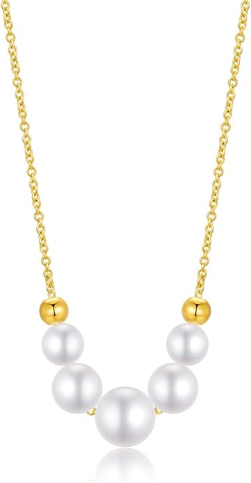 14K Solid Gold Pearls Necklace for Women, Real Gold Freshwater Cultured Pearl Beads Pendant Anniversary Birthday Jewelry Gifts for Her, Wife, Mom,16"-18"