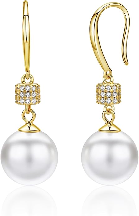 Pearl Drop Earrings 10mm White Round Pearl Hook Earrings, Sterling Silver with White Gold Plating/14k Gold Hypoallergenic Multiple CZ Styles Valentine's Day & Wedding Gifts Gold Jewelry for Women
