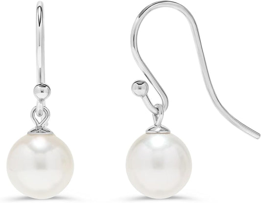 .925 Sterling Silver AAA 7.5-8mm Round White Freshwater Cultured Pearl French Wire Hook Dangling Drop Earrings