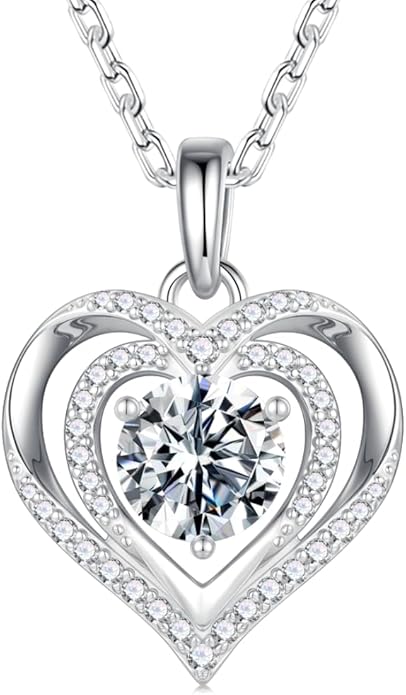 MOOSEA Valentines Day Gifts for Her - 925 Sterling Silver Double Heart Moissanite Necklace, 1-3 Carat Lab Created Moissanite Anniversary Birthday Gift for Women Wife Girlfriend Mom