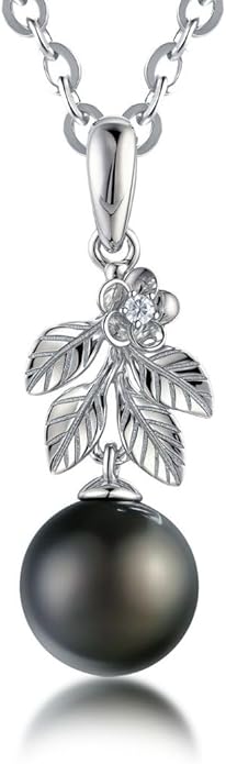 Lunar Belle Black Pearl Pendant Gift for Wife Women, 925 Sterling Silver Moissanite Setting, Fine Luxury Jewelry Graduation Birthday Girlfriend (Sea Fern Bloom)