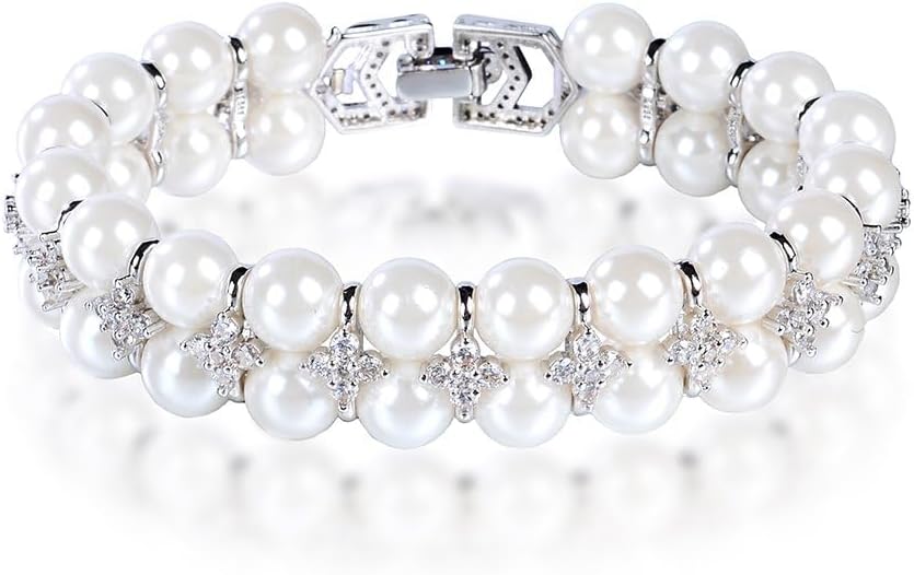 Women's 14K Gold White Pearl Beaded Bracelet,Dainty Freshwater Pearl & Moissanite Link Bracelet,Fashion Christmas Jewelry Gift for Her