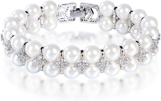 Women's 14K Gold White Pearl Beaded Bracelet,Dainty Freshwater Pearl & Moissanite Link Bracelet,Fashion Christmas Jewelry Gift for Her