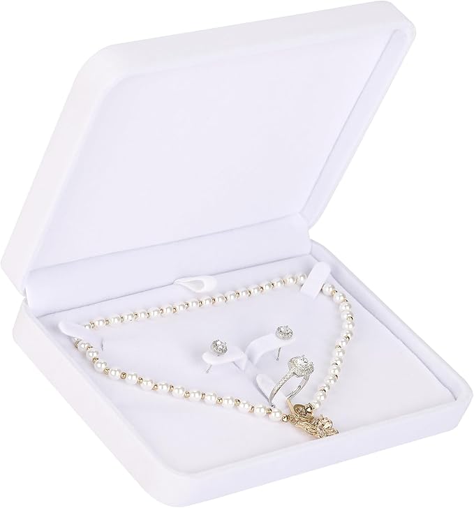 LETURE Large Velvet Jewelry Set Box, Big Necklace and Ring Earring Pendant Gift Box, Pearl Necklace/Chunky Necklace Jewelry Storage Case (White)