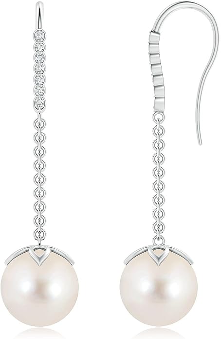 ANGARA Freshwater Pearl Earrings for Women | Round Freshwater Cultured Pearl Diamond Drop Earrings in 14K Solid Gold/Platinum | June Birthday, Anniversary, Gemstone Jewellery Gift