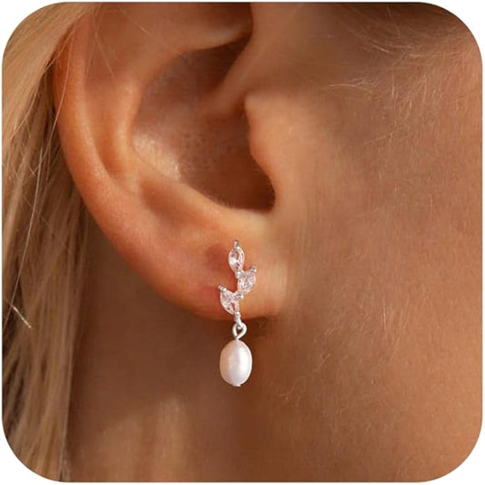 Pearl Earrings for Women - Dainty Gold Dangle Drop Earrings, 14k Gold Plated Cute Bow Design, Hypoallergenic Pearl Studs, Wedding Jewelry Gifts