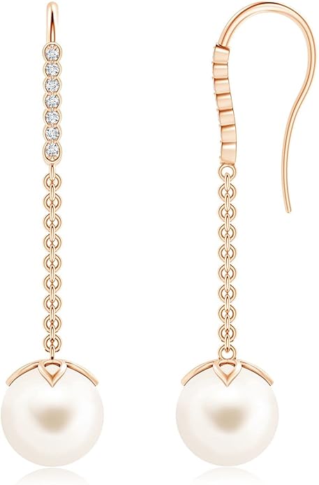 ANGARA Freshwater Pearl Earrings for Women | Round Freshwater Cultured Pearl Diamond Drop Earrings in 14K Solid Gold/Platinum | June Birthday, Anniversary, Gemstone Jewellery Gift