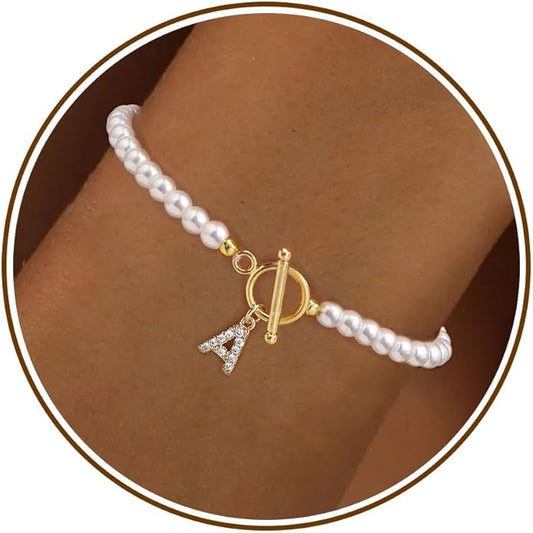 Initial Bracelets for Women Valentines Day Gifts for Her Pearl Bracelet Best friend Birthday Gifts for Women Letter A-Z Gold Bracelets Graduation Gifts for Her 2025 Anniversary Mothers Day Jewelry
