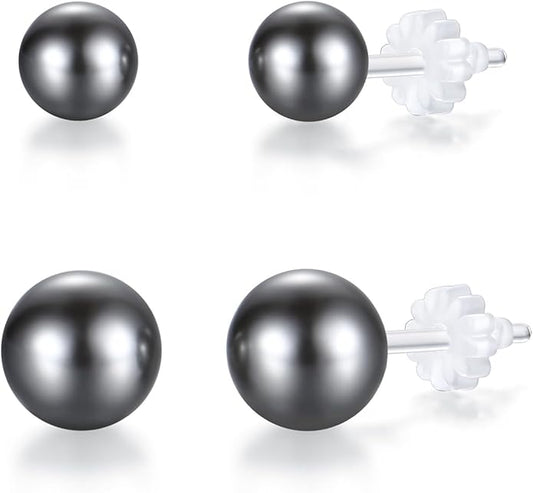 Plastic Earrings, Minimalist Pearl Studs Set 6mm 8mm 2 Pairs Small & Medium Resin Pearl Earrings, Non-Allergic Metal-Free Ear Posts, Soft Lightweight Design for Everyday Elegant Look (Sophisticated Grey)