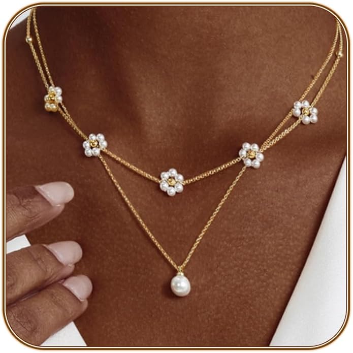 Pearl Necklaces for Women 14K Gold Plated Dainty Layered Single Pearl Necklace Simple Daisy Pearls Choker Cute Gold Necklace Stack Jewelry Sets for Women Trendy Gifts