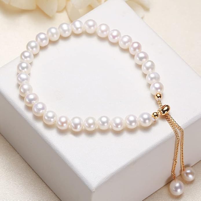 14K Gold over S925 Silver Pearl Bracelet, Freshwater Pearl Beaded Bracelet, Birthday, Mother's Day Gift for Mother, Wife, Girlfriend
