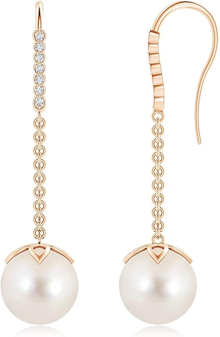ANGARA Freshwater Pearl Earrings for Women | Round Freshwater Cultured Pearl Diamond Drop Earrings in 14K Solid Gold/Platinum | June Birthday, Anniversary, Gemstone Jewellery Gift