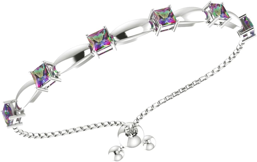 Fine Bracelet Tennis Style Pull String Birthstone Jewelry Gift for Women 925 Sterling Silver Square Sparkling Bolo Gemstone Jewelry Adjustable Bracelets