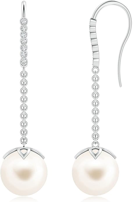 ANGARA Freshwater Pearl Earrings for Women | Round Freshwater Cultured Pearl Diamond Drop Earrings in 14K Solid Gold/Platinum | June Birthday, Anniversary, Gemstone Jewellery Gift