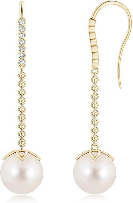 ANGARA Freshwater Pearl Earrings for Women | Round Freshwater Cultured Pearl Diamond Drop Earrings in 14K Solid Gold/Platinum | June Birthday, Anniversary, Gemstone Jewellery Gift