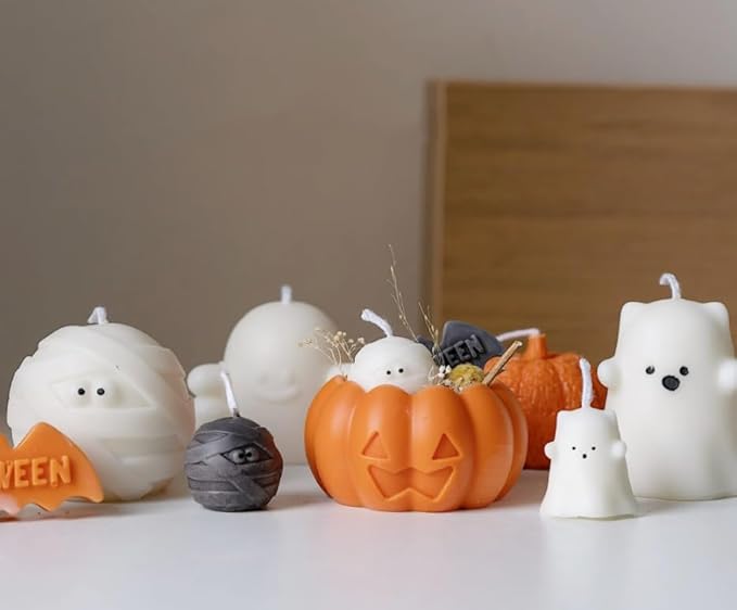 TOPYS 3 Pcs Halloween Candle Silicone Molds Set, DIY Letter Bat, Mummy Ball and 3D Pumpkin Container Mould for Candle Making, Wax Gypsum Ornament Resin Soap Chocolate Mold Home Decor