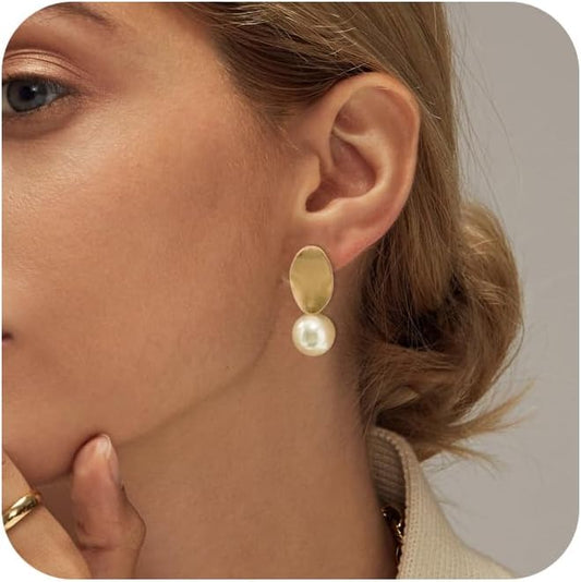 Pearl Earrings for Women - Dainty Gold Dangle Drop Earrings, 14k Gold Plated Cute Bow Design, Hypoallergenic Pearl Studs, Wedding Jewelry Gifts