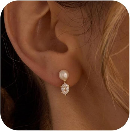 Pearl Earrings for Women - Dainty Gold Dangle Drop Earrings, 14k Gold Plated Cute Bow Design, Hypoallergenic Pearl Studs, Wedding Jewelry Gifts