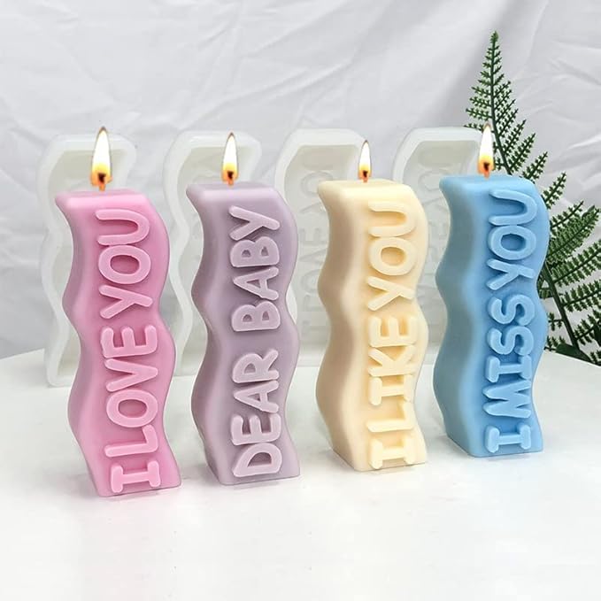 TOPYS Wave Alphabet Letter Pillar Silicone Candle Molds, DIY Casting Epoxy Letter Molds for Clay Resin Pendant Plaster Carving Making Aromatherapy White Elephant Gifts (i Like You)
