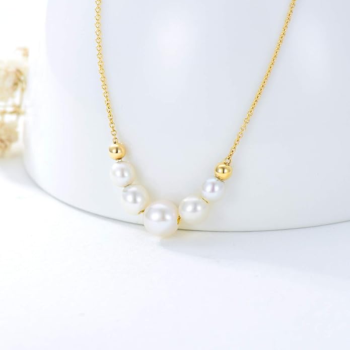 14K Solid Gold Pearls Necklace for Women, Real Gold Freshwater Cultured Pearl Beads Pendant Anniversary Birthday Jewelry Gifts for Her, Wife, Mom,16"-18"
