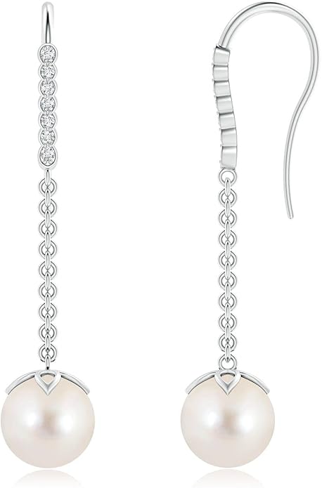 ANGARA Freshwater Pearl Earrings for Women | Round Freshwater Cultured Pearl Diamond Drop Earrings in 14K Solid Gold/Platinum | June Birthday, Anniversary, Gemstone Jewellery Gift