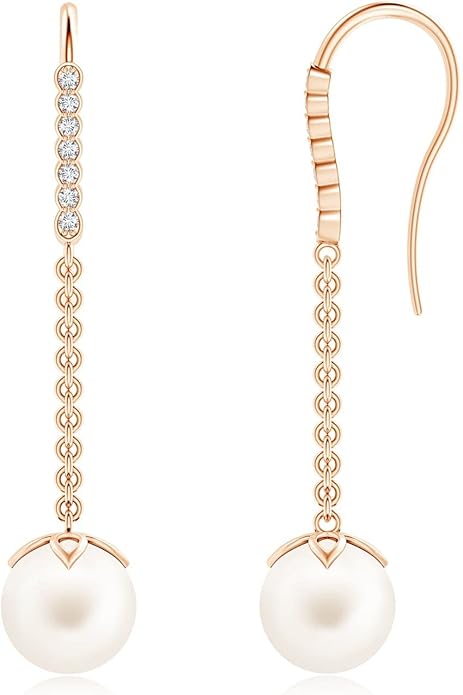 ANGARA Freshwater Pearl Earrings for Women | Round Freshwater Cultured Pearl Diamond Drop Earrings in 14K Solid Gold/Platinum | June Birthday, Anniversary, Gemstone Jewellery Gift