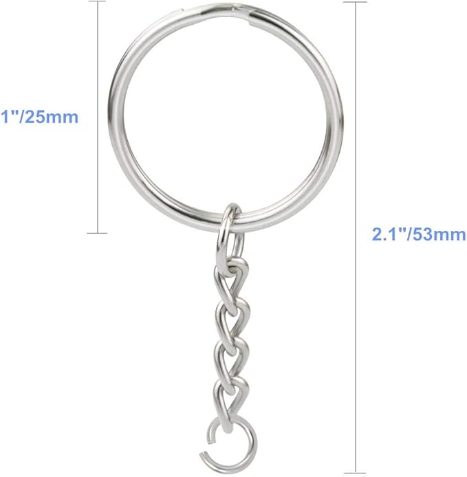 100 Pcs NANSSY 1 Inch/25mm Split Keyrings with Chain Silver Keychain Ring, Key Chains Rings Parts with Open Jump Ring and Connector.