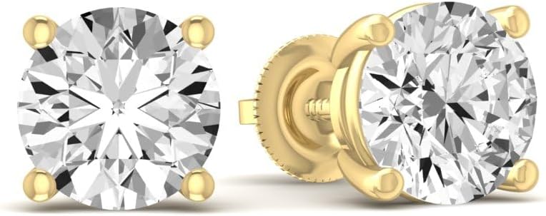 1/2 Carat - 5 Carat Lab Grown Diamond screw back Earrings | 14K Yellow Gold Four prong Lab-Grown Diamond Solitaire Stud Earrings| D-E color and VS1 clarity
