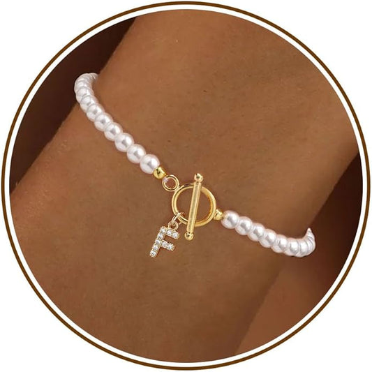 Initial Bracelets for Women Valentines Day Gifts for Her Pearl Bracelet Best friend Birthday Gifts for Women Letter A-Z Gold Bracelets Graduation Gifts for Her 2025 Anniversary Mothers Day Jewelry