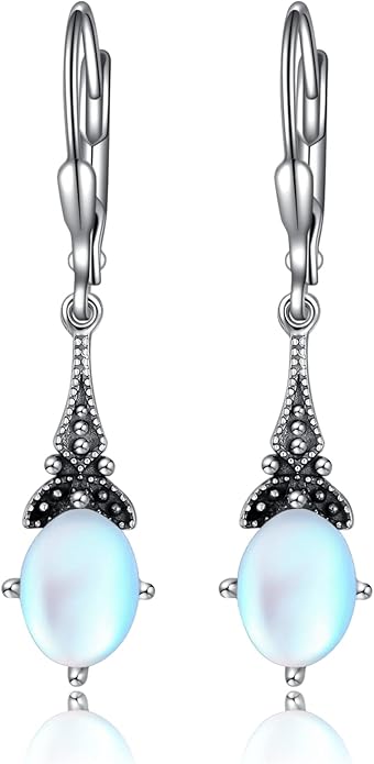 AOBOCO Vintage Earrings for Women Sterling Silver Retro Drop Dangle Leverback Earrings with 8x6mm Oval Genuine or Simulated Birthstone Crystal from Austria, Anniversary Jewelry Gifts for Her (Gift Box)