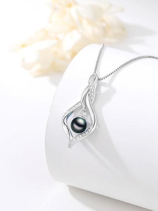 Tahitian Black Pearl AAAA 18K Gold Plated Sterling Silver Pendant Necklace for Women Wife Mom Girlfriend Valentine Her Jewelry Gift for Anniversary Birthday Christmas