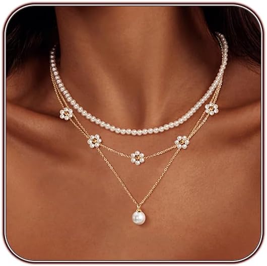 Pearl Necklaces for Women 14K Gold Plated Dainty Layered Single Pearl Necklace Simple Daisy Pearls Choker Cute Gold Necklace Stack Jewelry Sets for Women Trendy Gifts