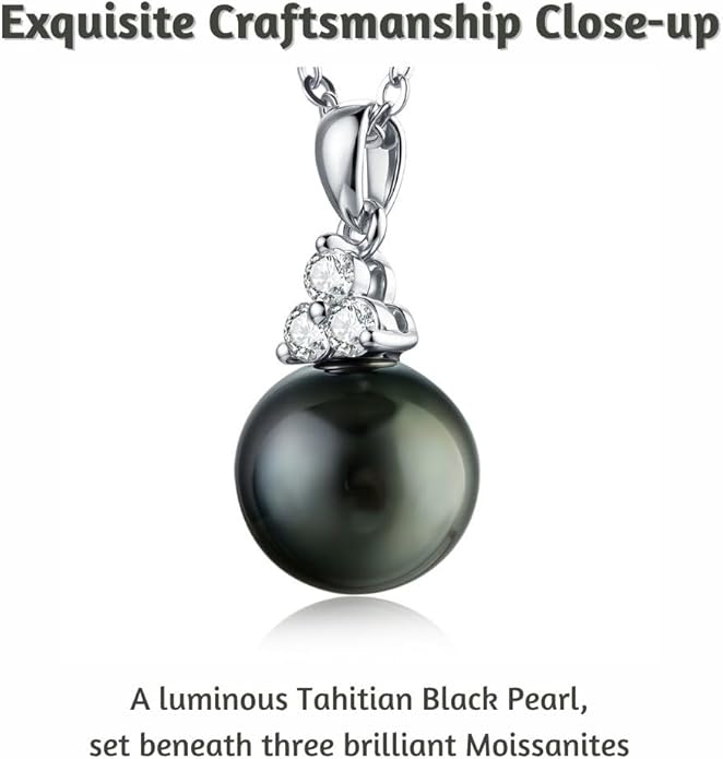 Lunar Belle Sterling Silver Black Pearl Pendant Necklace with Moissanite, Elegant Jewelry Birthday Gift for Women Girlfriend Wife Valentine's Day (Tide Star)