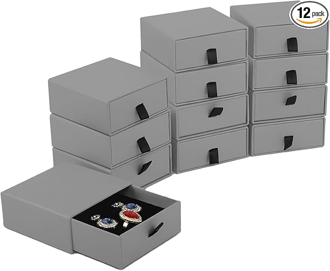 Nsmykhg Jewelry Gift Box Velvet-Lined,12 Pack Compact Drawer Style for Earrings & Rings, Necklace & Bracelet Organizer, 3.93x3.93x1.65 Inches, Stackable Elegant Jewelry Display & Storage Box (Grey)
