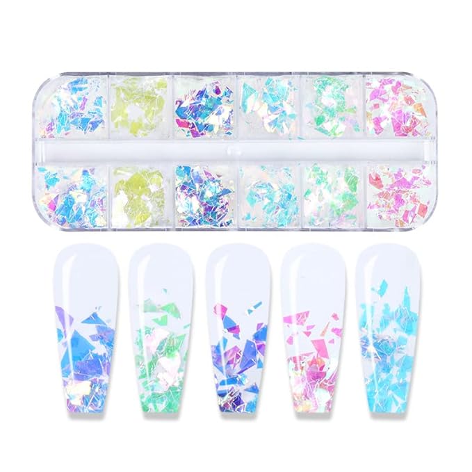 Holographic Mermaid Nail Art Glitter Iridescent Flakes JMEOWIO 12 Grids Gradient Bright Ice Slag Nail Sequins Paillettes Summer Nail Art Decoration