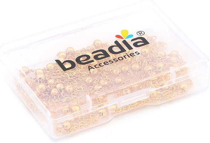 BEADIA 18K Gold Plated O Chains 2.0mm with 4mm Beads 2 Meters for Jewelry Making Findings