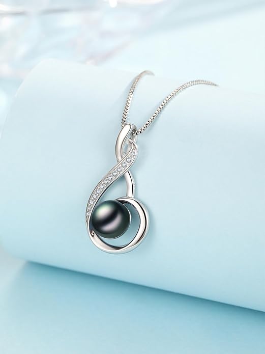 Tahitian Black Pearl 18K White Gold Plated Sterling Silver Heart Pendant Necklace for Women Wife Mom Girlfriend Valentine Jewelry Gift for Mother Day Wedding Anniversary Birthday