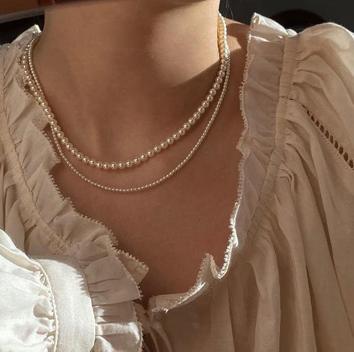 Pearl Necklaces for Women 14K Gold Plated Dainty Layered Single Pearl Necklace Simple Daisy Pearls Choker Cute Gold Necklace Stack Jewelry Sets for Women Trendy Gifts