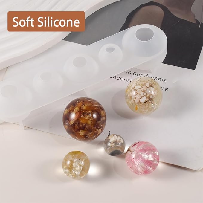 Bead Mold 5-Cavity Sphere Resin Mold 3D Clear Round Ball Silicone Mold Crystal Bead Casting Molds 5 Sizes Epoxy Resin Silicone Mold Flowers Preservation Jewellery Pendant Making