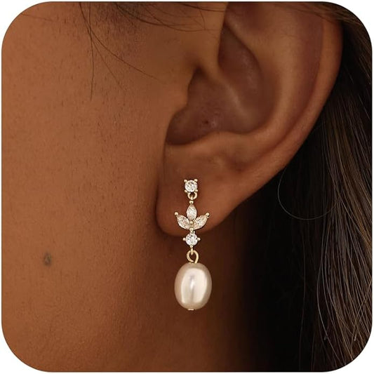 Pearl Earrings for Women - Dainty Gold Dangle Drop Earrings, 14k Gold Plated Cute Bow Design, Hypoallergenic Pearl Studs, Wedding Jewelry Gifts