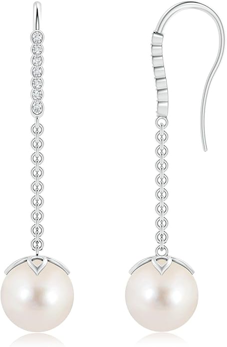 ANGARA Freshwater Pearl Earrings for Women | Round Freshwater Cultured Pearl Diamond Drop Earrings in 14K Solid Gold/Platinum | June Birthday, Anniversary, Gemstone Jewellery Gift
