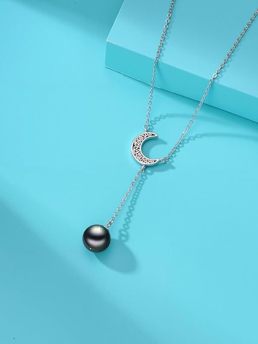 Tahitian Black Pearl AAAA 18K White Gold Plated Sterling Silver Moon Pendant Y Necklace for Women Wife Mom Girlfriend Her Jewelry Gift for Anniversary Birthday