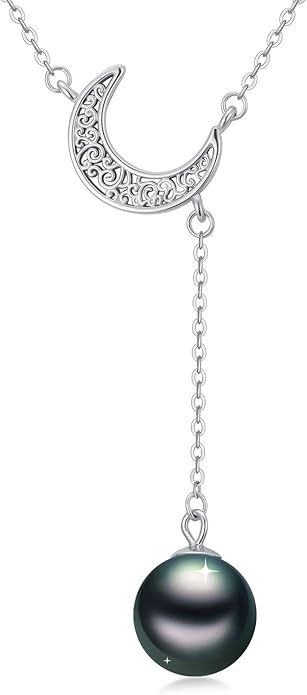 Tahitian Black Pearl AAAA 18K White Gold Plated Sterling Silver Moon Pendant Y Necklace for Women Wife Mom Girlfriend Her Jewelry Gift for Anniversary Birthday