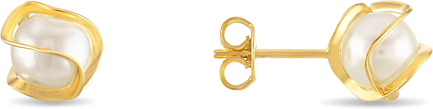 Barzel 18K Gold Plated Caged Pearl Stud Earrings, 6MM - Made In Brazil