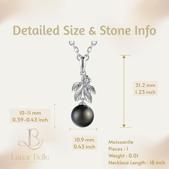 Lunar Belle Black Pearl Pendant Gift for Wife Women, 925 Sterling Silver Moissanite Setting, Fine Luxury Jewelry Graduation Birthday Girlfriend (Sea Fern Bloom)